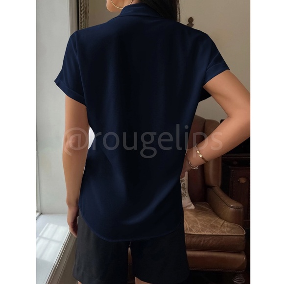 Navy Blue Casual Button Up / Down Shirt Collar, V-Neck Button Front - Picture 5 of 13